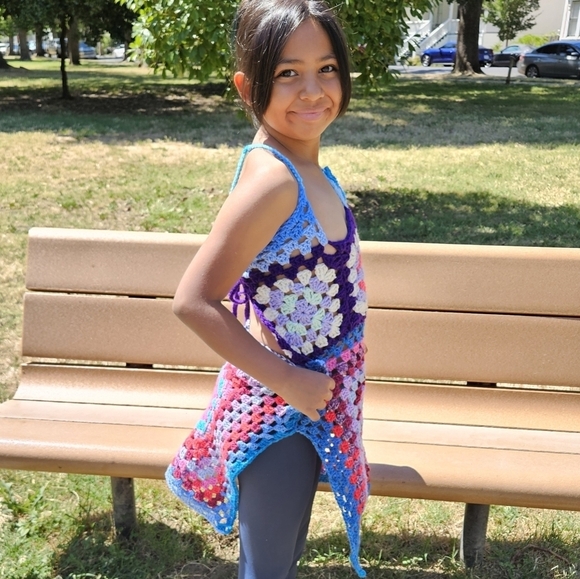 Hand Crafted crochet halter top split dress open back swim coverup multicolored - Picture 15 of 17